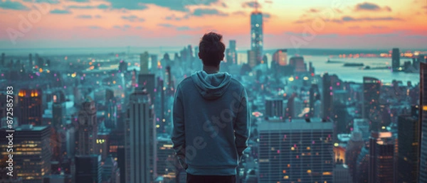 Fototapeta A man in a sweatshirt stands high above a blurred city skyline against a serene sky background.