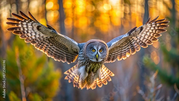 Fototapeta Great gray owl flying in the morning light. Rare bird of prey