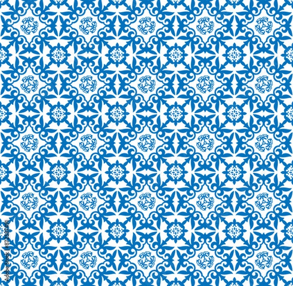 Fototapeta Geometric Moroccan Seamless Pattern. Moroccan azulejo pattern, majolica tile,Talavera, Damask. Portuguese azulejo tile pattern floral ornament, Mediterranean ceramic, patchwork