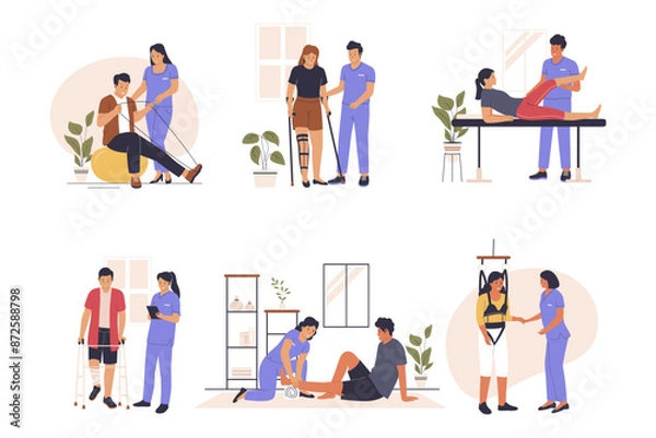Fototapeta Physiotherapy rehabilitation vector illustration collection set. Illustration for websites, landing pages, mobile applications, posters and banners. Trendy flat vector illustration