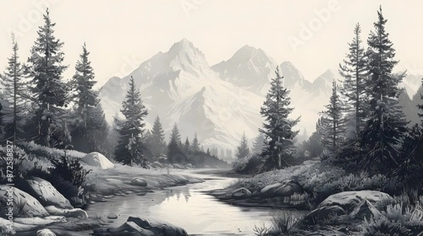 Fototapeta Engraving-style mountain landscape with pine trees and a flowing river, ideal for natural backgrounds.