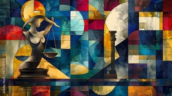 Fototapeta Abstract Lady Justice, scales, and gavel with geometric shapes and bold colors in modern backdrop.
