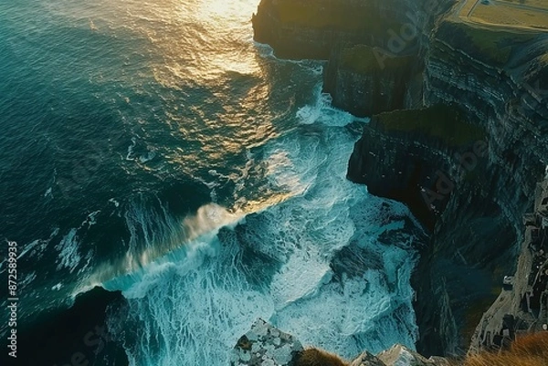 Fototapeta Stunning aerial view of the Cliffs of Moher at sunrise, capturing the rugged coastline and crashing waves, incorporating time-lapse and slow-motion techniques to show the changing light throughout the