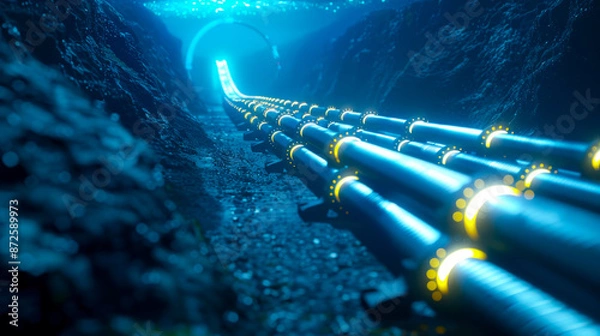 Obraz Underwater Data Cables in Deep Sea. Underwater data cables running through the deep sea, showcasing the infrastructure that supports global internet connectivity and communication.