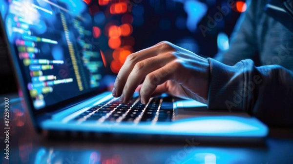 Fototapeta White-hat hacker preventing cyber attacks. A white-hat hacker working on a laptop to prevent cyber attacks, with code displayed on the screen and a background of colorful data streams.