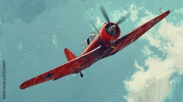 Fototapeta Red vintage aircraft with intricate details, gliding in a crisp blue sky, digital art style, emphasizing antique jet aesthetics and nostalgia