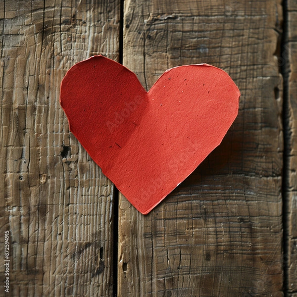 Fototapeta Paper-Cut Red Heart on a Vintage Wooden Table, Highlighting Craftsmanship and Creativity Under Soft Natural Lighting