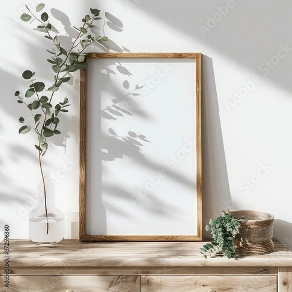 Obraz A3 wooden poster frame mockup on a chest of drawers against a white wall great for presenting artwork or photos in a stylish decor