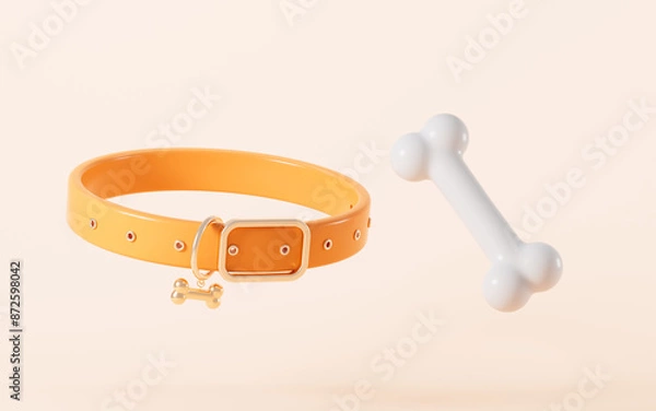 Fototapeta Cartoon pet collar and pet bone in the yellow background, 3d rendering.