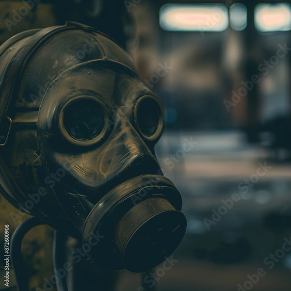 Fototapeta Dramatic industrial scene: gas mask with protective lenses and filters in gloomy and dramatic lighting.