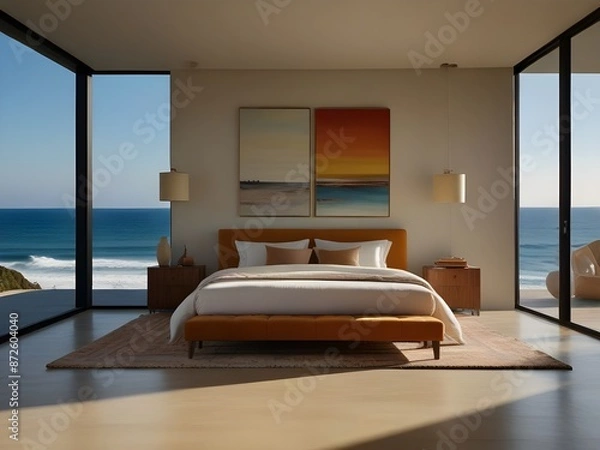 Fototapeta Modern bedroom interior design with large windows and a comfortable bed.