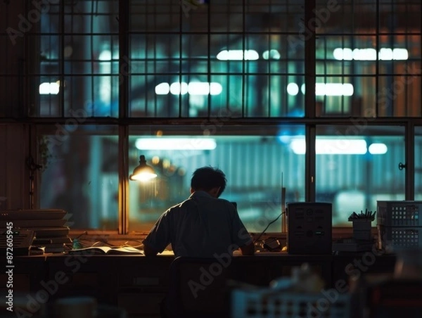 Fototapeta The solitude of a night shift worker, a person working alone in a quiet office or factory, dim lighting, moonlight visible through the window, sense of dedication and calm 