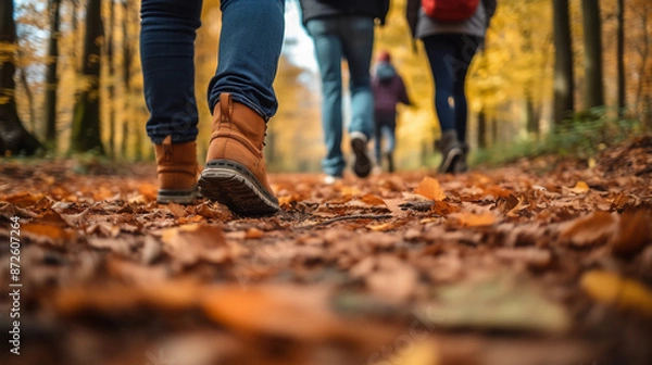 Fototapeta Small group of tourists Walking through the path in the autumn forest This image focuses on their feet. It represents travel and adventure in nature.