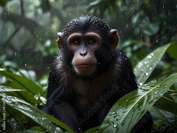 Fototapeta Arafed monkey with a wet face and a wet nose.