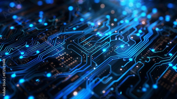 Fototapeta Electronic equipments circuit board is adorned with glowing LED lines