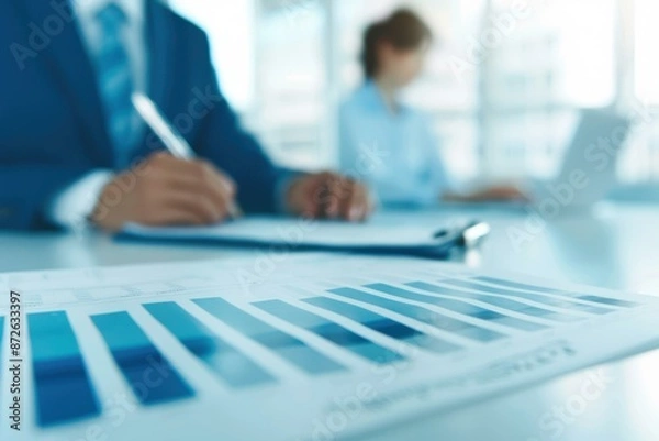 Fototapeta A close-up of financial graphs and charts being analyzed during a business meeting.