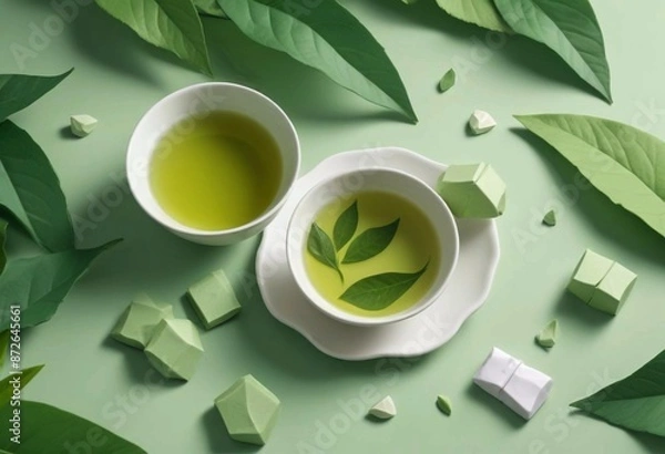 Fototapeta papercut illustration, Artfully composed still life featuring a bottle of green tea extract supplements, accompanied by a ceramic teacup brimming with steaming green tea and a scattering of fresh gree