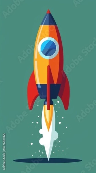 Fototapeta A cartoon illustration of a pencil rocket blasting off against a green background, representing the beginning of the school year. Back to school.