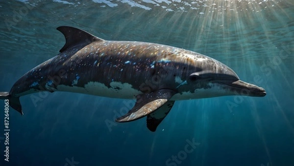Fototapeta A poem inspired by the shimmering, iridescent skin of a rare colorful dolphin spotted in tropical waters ai_generated