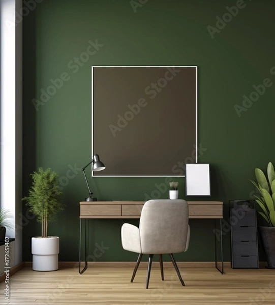 Fototapeta Minimal and comfort home working space interior with wooden furniture, copy space for montage on wooden table and blank frame on white wall