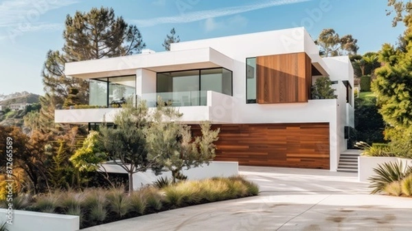 Fototapeta A large white house with a large driveway and a black garage. Generate AI