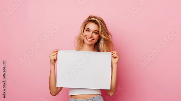 Obraz Beautiful smiling blonde woman holding a white blank paper sheet on a pink background, looking at the camera, in the style of mockup