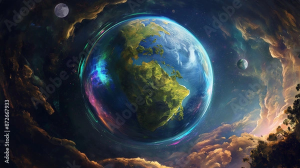 Fototapeta Earth globe, plash art league of legends style, inside there is an island with forest and mountains, colorful nebula around the sphere