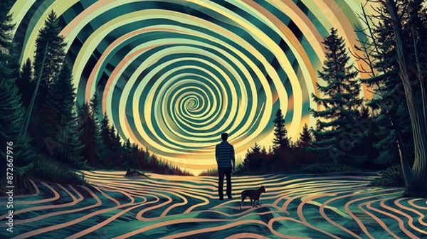 Obraz Man with dog in forest, psychedelic art, swirling lines, colorful trippy landscape, symmetrical patterns, man walking through field of stripes in the style of circular portal floating above him