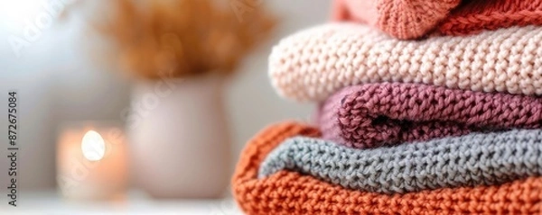 Fototapeta Pile of cozy knitted blankets and scarves in autumn colors, warm and inviting, handmade touch