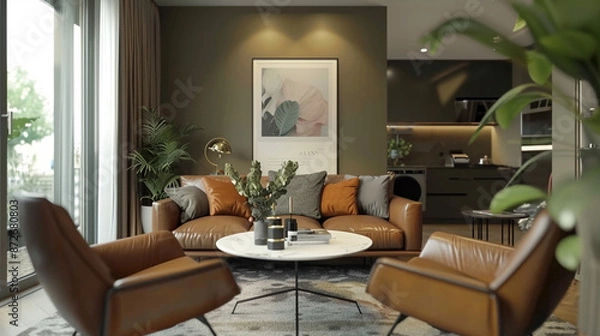 Fototapeta Cozy living room with brown furniture, light decor, and indoor plants.