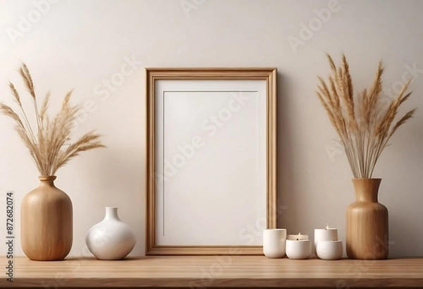 Fototapeta Mock up frame in home interior background, white room with natural wooden table and decor, 3d render