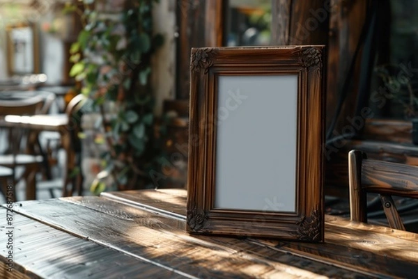 Fototapeta frame mockup, Vintage wooden picture frame on rustic table in cozy outdoor cafe surrounded by greenery and dappled sunlight.