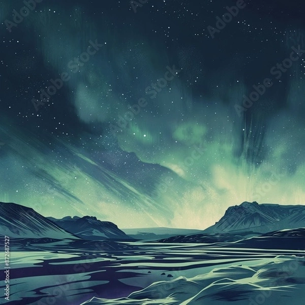 Fototapeta landscape with moon and stars, An illustration of an aurora landscape at night, evoking a cosmic atmosphere.