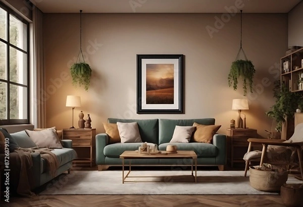 Fototapeta Frame mockup, ISO A paper size. Living room poster mockup. Interior mockup with house white background. Modern interior design. 3D render