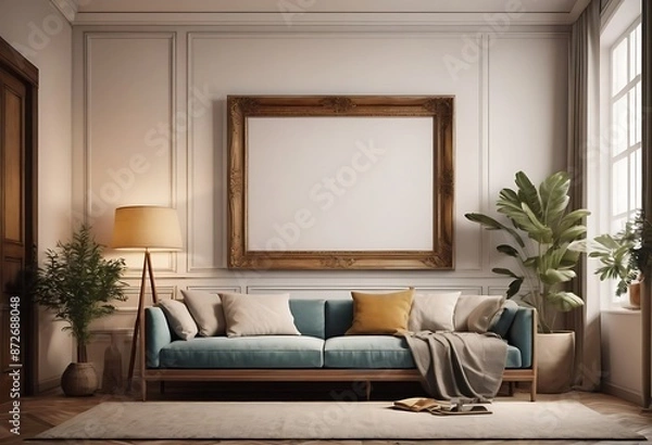 Fototapeta Frame mockup, ISO A paper size. Living room poster mockup. Interior mockup with house white background. Modern interior design. 3D render