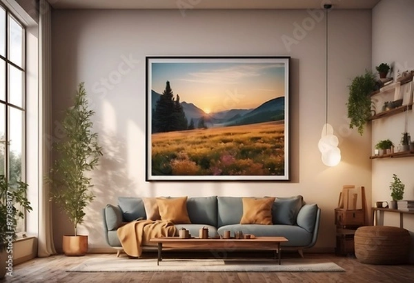 Fototapeta Frame mockup, ISO A paper size. Living room poster mockup. Interior mockup with house white background. Modern interior design. 3D render
