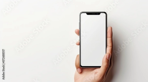 Fototapeta Hands holding smartphone blank touch screen isolated with clipping path on white background,copy space,space for text.