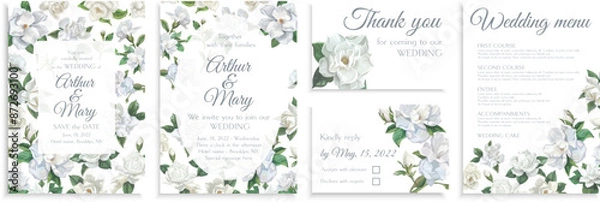 Obraz Set of wedding invitations with white gardenia flowers, rsvp, thank you cards, wedding menu