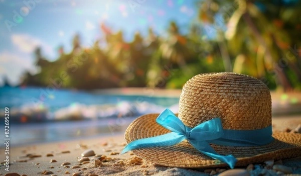 Fototapeta Focus shot of a straw hat on the beach, blurred background, scenic view, nature, beautiful photography