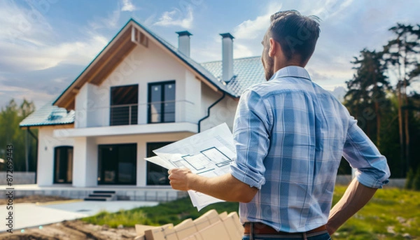 Obraz Architecte en train de travailler sur des plans immobilier et des projets de construction de maison
