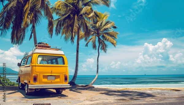Obraz Expédition roadtrip et voyage avec un fourgon aménagé garé devant une plage avec des palmiers