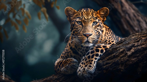 Fototapeta Majestic Jaguar Perched in a Mystical Forest Ambiance