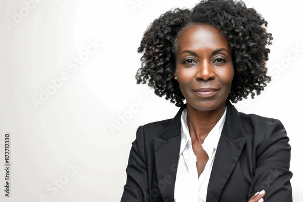 Fototapeta close up horizontal portrait of a middle age black businesswoman posing in front of a white neutral background, copy space