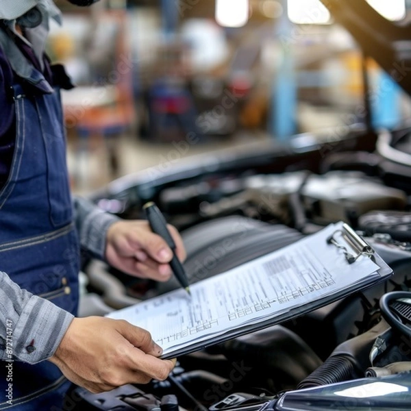 Fototapeta Auto repair worker performing an engine inspection and recording observations on a checklist