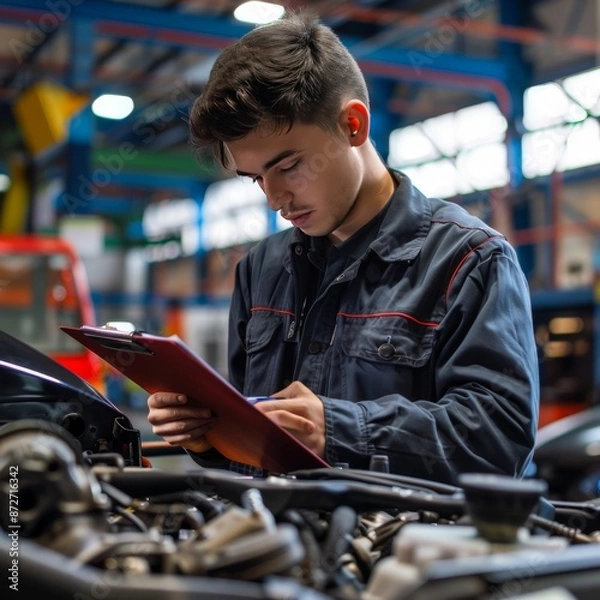 Obraz Mechanic with a clipboard, checking the engine in a workshop