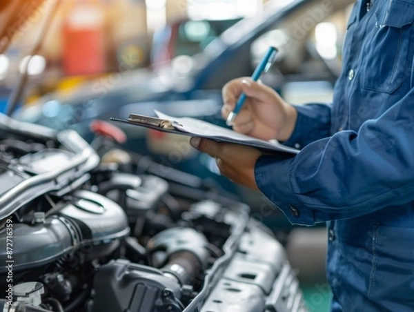 Fototapeta Mechanic with a clipboard, checking the engine in a workshop