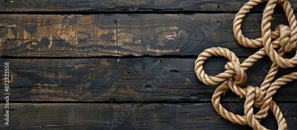 Fototapeta Marine ropes with knots displayed in a flat lay arrangement on a rustic wooden surface with copy space image.