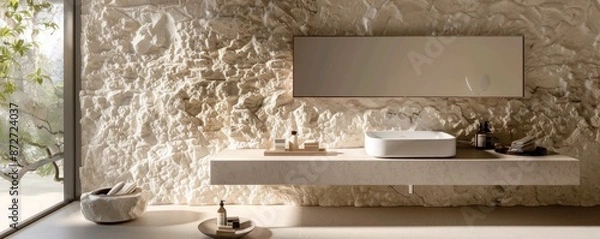 Fototapeta Contemporary bathroom featuring a textured limestone wall, complemented by a floating vanity and simple fixtures
