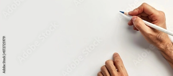 Fototapeta Someone's hands are sketching and writing with a pencil on a blank white surface, leaving a trace with a copyspace image.