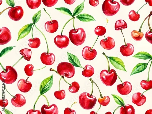 Fototapeta Vibrant hand-drawn red cherries and playful cursive words dance across a seamless vector pattern background, evoking a carefree summer vibe with colorful fruit typography.